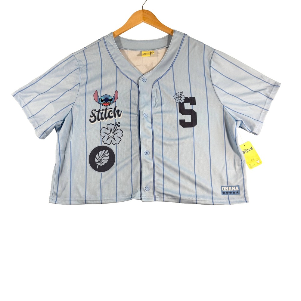 Disney Stitch Blue cropped Pinstripe Baseball Jersey womens Size XXL New NWT